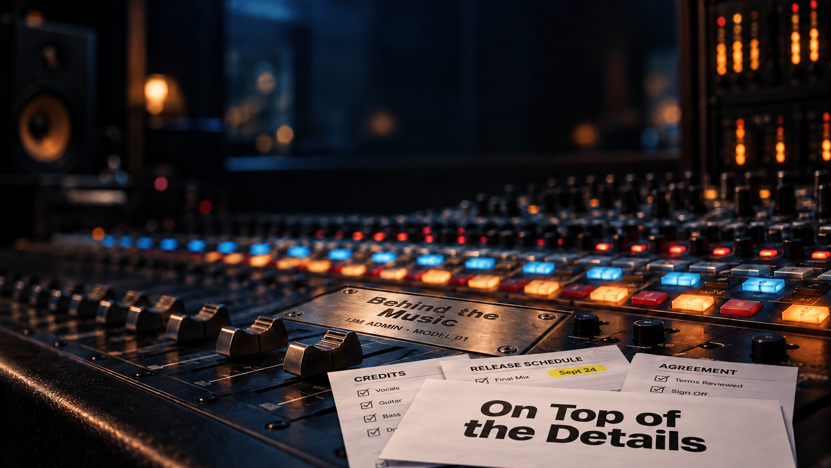 A studio console with a Behind the Music metal badge and neatly arranged release paperwork, topped by On Top of the Details